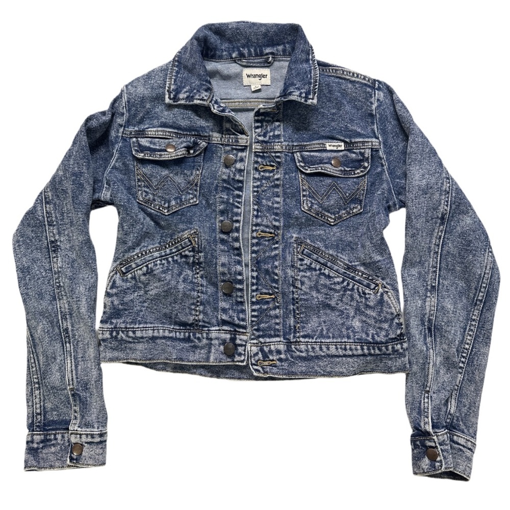 WRANGLER women's navy acid washed embroidered boxy fit denim jacket, S.